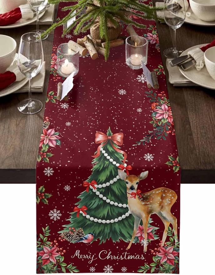 Christmas Reindeer Table Runners 108 Inches Long, Cotton Linen Fabric Red Table by Edwiinsa