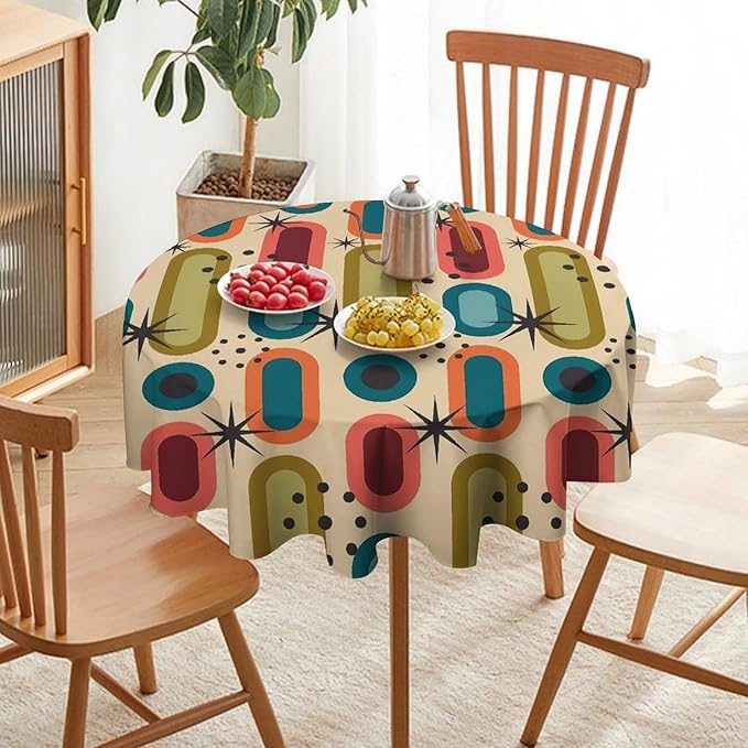 Mid Century Bohemian Round Tablecloth, Modern Medieval Geometric Abstract Print Tablecloth for Home Party Dining Room Kitchen Decor 36Inch(90cm)