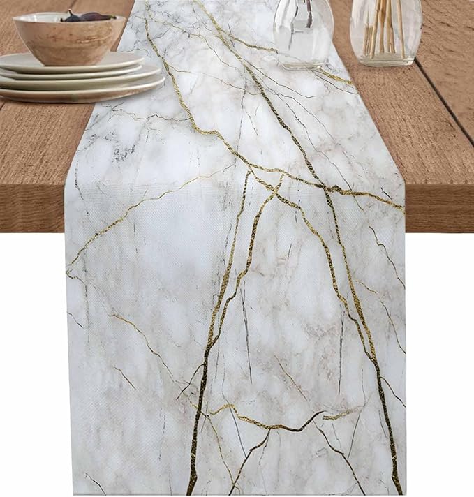 Marble Table Runner-Cotton Linen-Long 120 inche White Gray Gold Dresser Scarves by PIEPLE