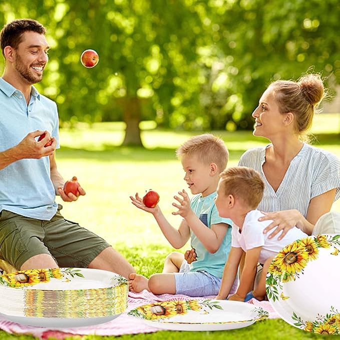Grencian 50 PCS Sunflower Oval Paper Plates 10" x 12" Heavy Duty Disposable Sunflower Party Plates for Birthday Wedding Bridal Baby Shower Party Decorations