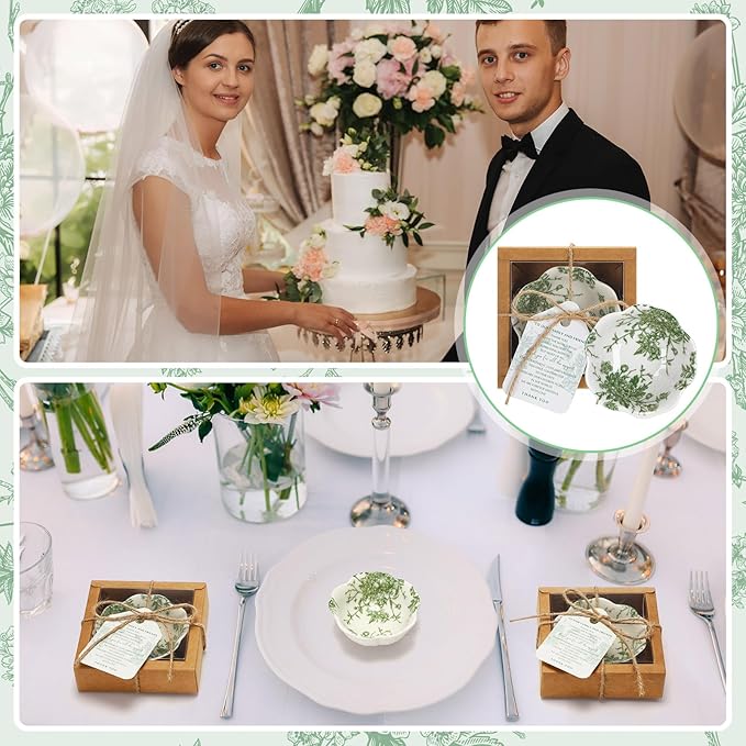 40 Pack Wedding Favors for Guests Small Ceramic Bowls Bulk Gifts Set 3.3 Inch Sage Green Verdure Design Mini Dipping Bowl Sauce Dish with Cards Box for Party Shower Favor Souvenir