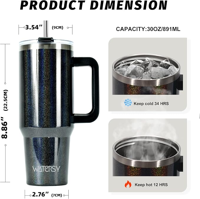 30 oz Shiny Tumbler with Handle and Straw, Stainless Steel Tumbler with Lid and - Image 2