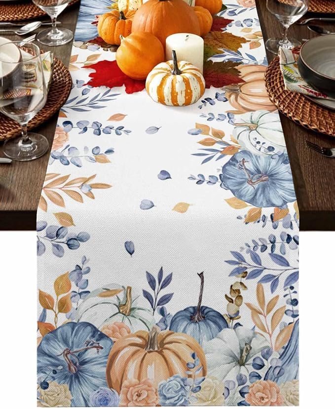 Blue Pumpkin Fall Table Runner 48 Inches Long, Thanksgiving Floral Eucalyptus by Unknown