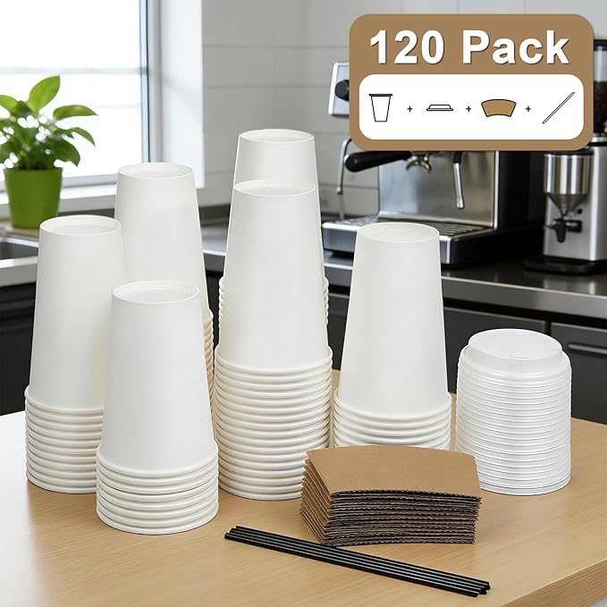 120 Pack 16 oz Paper Coffee Cups Set, Disposable White Coffee Cups with Lids, Sleeves and Stirring Sticks, Fit For Cold and Hot Drinks