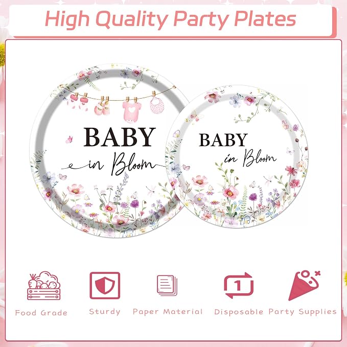 Rakuto Baby in Bloom Baby Shower Decorations Tableware Supplies, Wildflower - Image 4