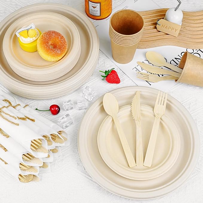 Compostable Disposable Dinnerware Set - 30pack Eco-Friendly Cutlery, Include: 30 10” and 7” Paper Plates, 30 Pre Rolled Napkins and Bamboo Cutlery Set, 30 Cups for Party