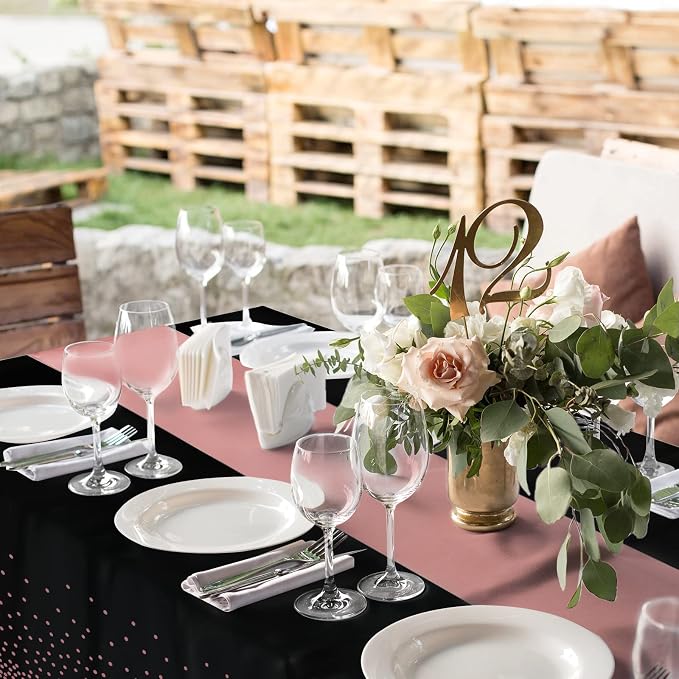 16Pack Disposable Plastic Tablecloths and Satin Table Runner Set Black and Rose - Image 6