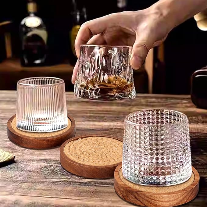 5 Pcs Best Absorbent Wooden Coasters Set - 4 Inches Brown Woven Coaster Modern Acacia Wood Coasters for Drinks, Coffee Table Decor, Farmhouse, Bar, Office, Beer, Kitchen, Dining Room, Outdoor, Desk