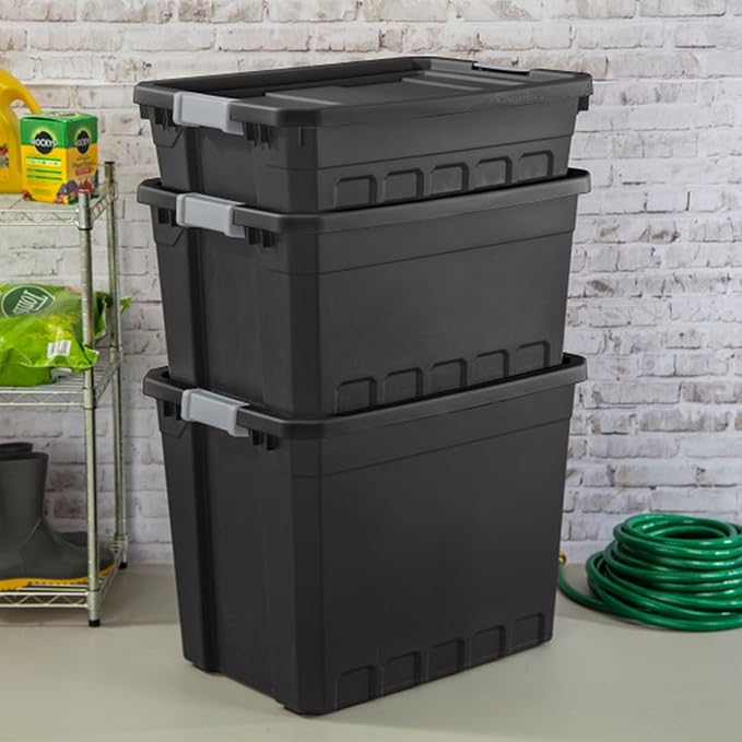 Sterilite 16-Pack Plastic Storage Bins with Lids, Stackable Containers, 27 Gallon, Black