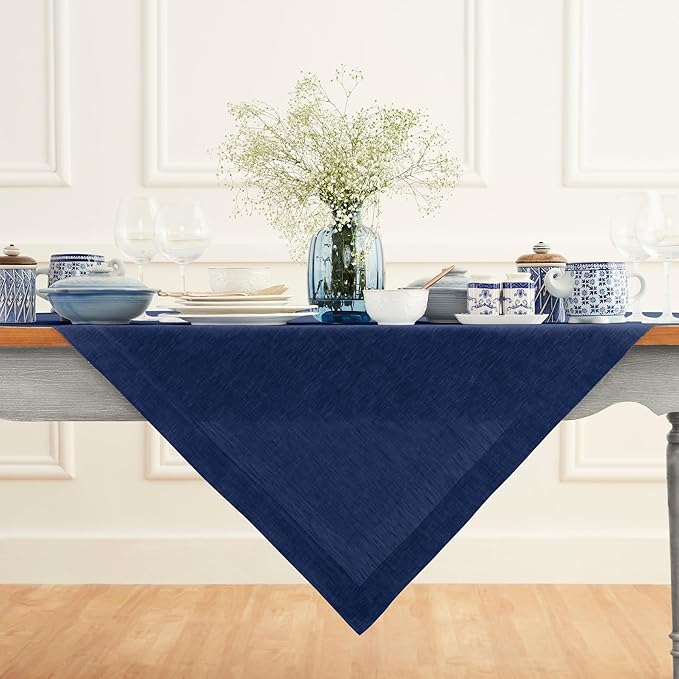 Solino Home Royal Blue Linen Tablecloth 52 x 52 Inch - 100% Pure Linen Square Table Throw - Athena, Machine Washable Tablecloth
