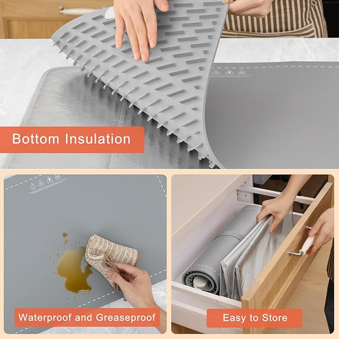 FYY Warming Mat for Food with Heat Resistant Pad, Prevent Countertop Cracks, Keep Meal Warm, Rapid and Full Surface Heating, 6 Temp Settings, 6H Timer, Upgraded Rollable Portable Food Warmer Mat Grey