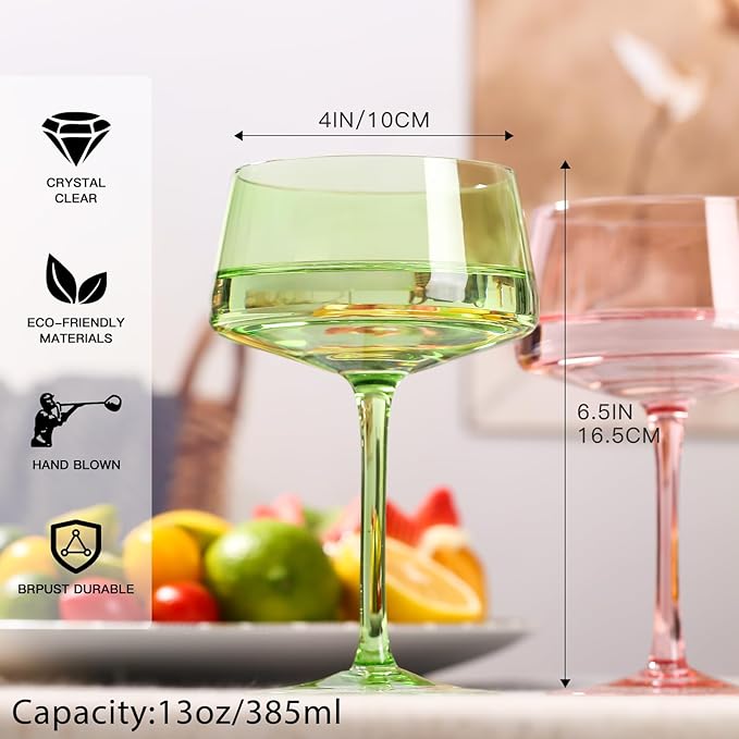 Colored Martini Glasses Set of 6, 13 oz large Coupe Glass, Premium Crystal Cocktail Glasses, Martini Glasses,Champagne Glasses, Handblown Drinkware Set-Wedding,Birthday Gifts