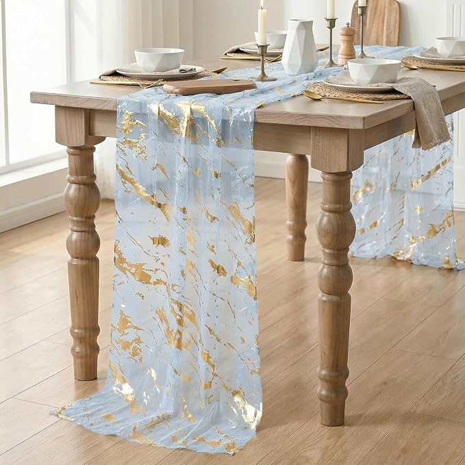 Artoid Mode Marble Pattern Light Blue Gauze Table Runner 10FT, Glitter Metallic - Image 3