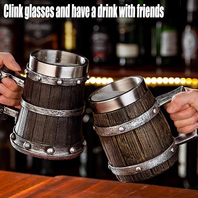 Nordic Viking Mug, pirate Beer Cup, Wooden Barrel Beer Mug Stainless Steel Liner - Image 4
