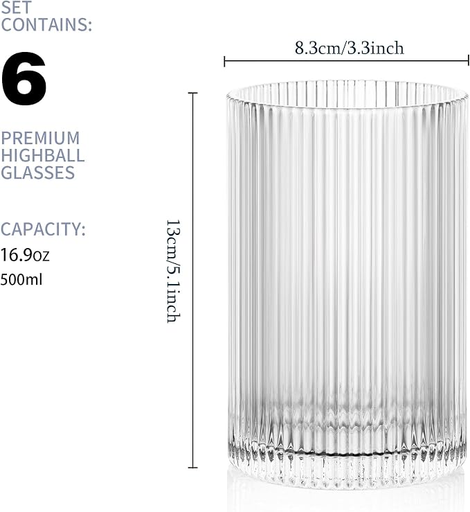 Vintage Ribbed Glassware Set: 6pcs 16.9oz XL Drinking Glasses, Fluted Ripple - Image 2