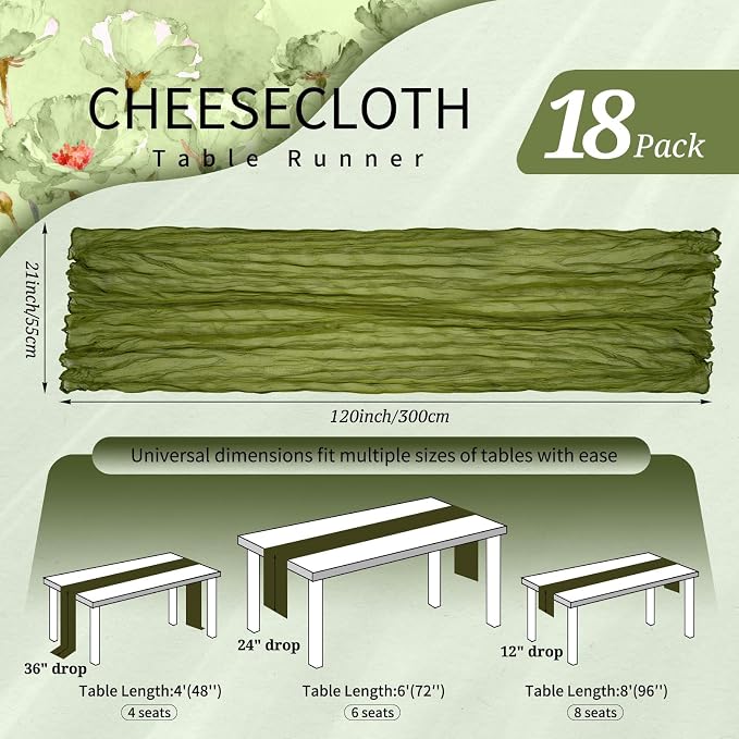18 Pack Cheesecloth Table Runner 10FT Olive Green Table Runner Boho Gauze - Image 2