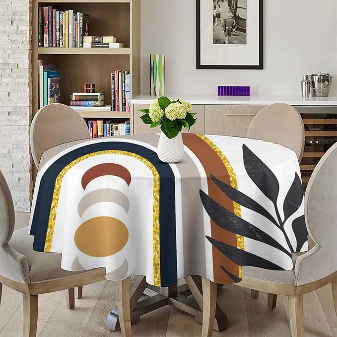 Mid Century Boho Round Tablecloth, Modern Abstract Sun Moon Bohemian Leaves Tablecloth for Home Party Dining Room Kitchen Decor 70Inch(178cm)
