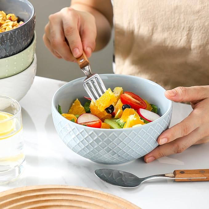 HASENSE Ceramic Cereal Bowls Set of 4, 26 OZ Soup Bowls, Embossed Stoneware Porcelain Bowls for Cereal, Soup, Oatmeal, Salad, Noodles & Rice, Microwave & Dishwasher Safe, Multi-Color