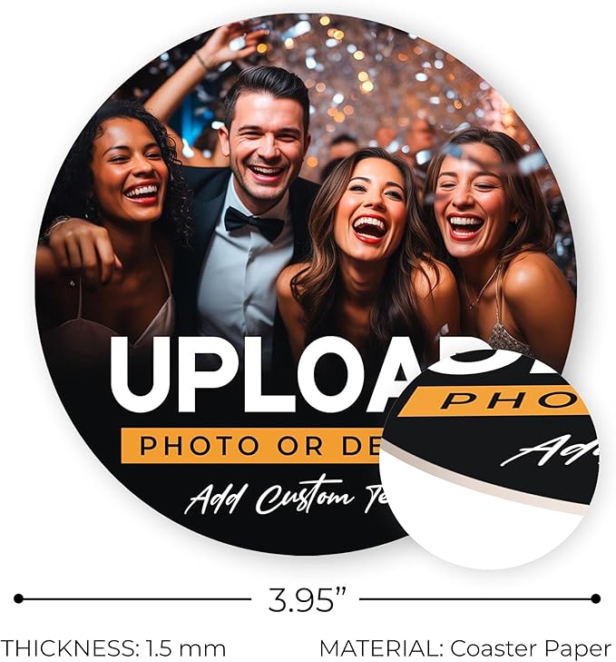 100-Pack, Personalized Drink Coasters, Custom Cardboard Coasters with Photo and Text, Design Your Own Coaster for Events, Parties, Bars and Unique Gifts, 3.95" Round