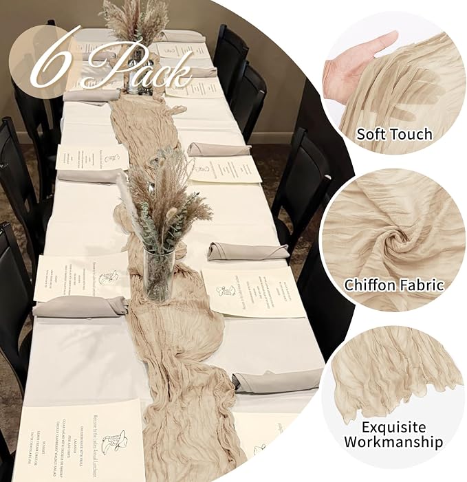 6 Pack Beige Cheesecloth Table Runner 20 x 120 Inch Gauze Table Runner Fabric - Image 3