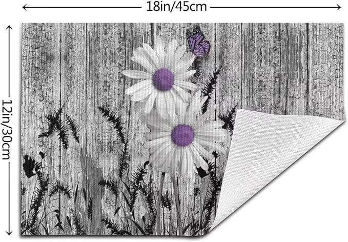 Placemats Set of 4 Rustic Floral Place Mats Farmhouse Daisy Woven Table Mats Washable Purple White Flower PVC Placemat for Dining Kitchen Decor Indoor Outdoor, 12 x 18 Inch