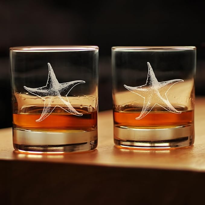 Bevvee Starfish Rocks Glass - Beach Themed Decor and Decorative Ocean Glassware Gifts for Women and Men - Set of 2-10.25 Oz Glasses