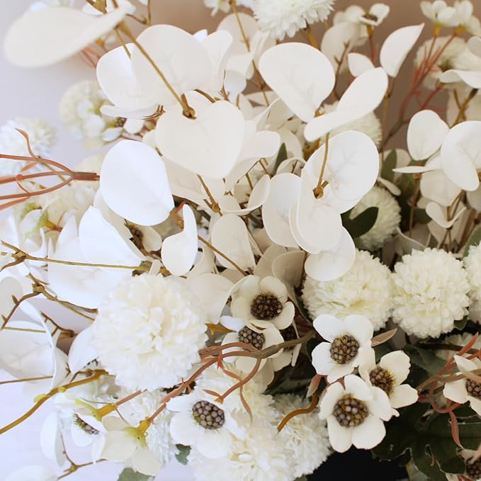 20pcs White Artificial Flowers Bulk For Vase That Look Real, White Flower Centerpiece For Table, Silk Floral Home Decor Indoor, Faux Kiku + Eucalyptus Stems + Wildflowers, Flores Blancas Artificiales