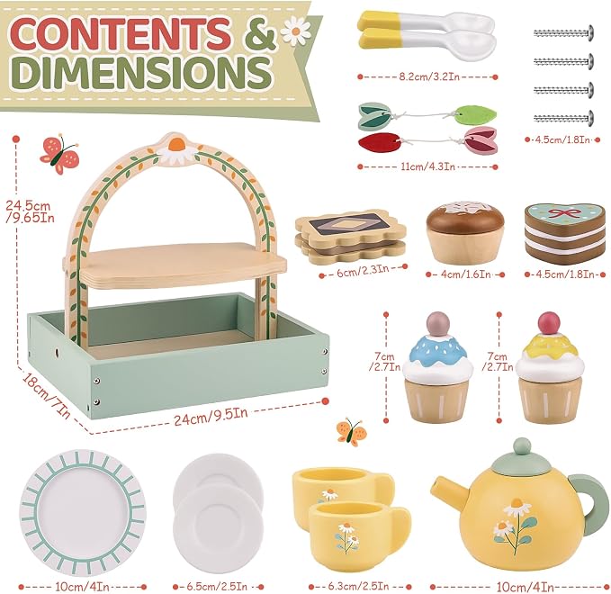 Wooden Tea Sets for Little Girls Play Food Cake Pretend Play Toys | 3-5 Kitchen - Image 3