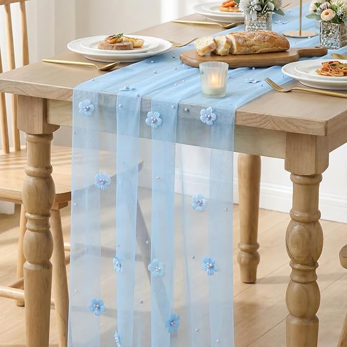 Artoid Mode Blue Flower Pearl Blue Gauze Table Runner 10FT 3PC, Seasonal Sheer - Image 6