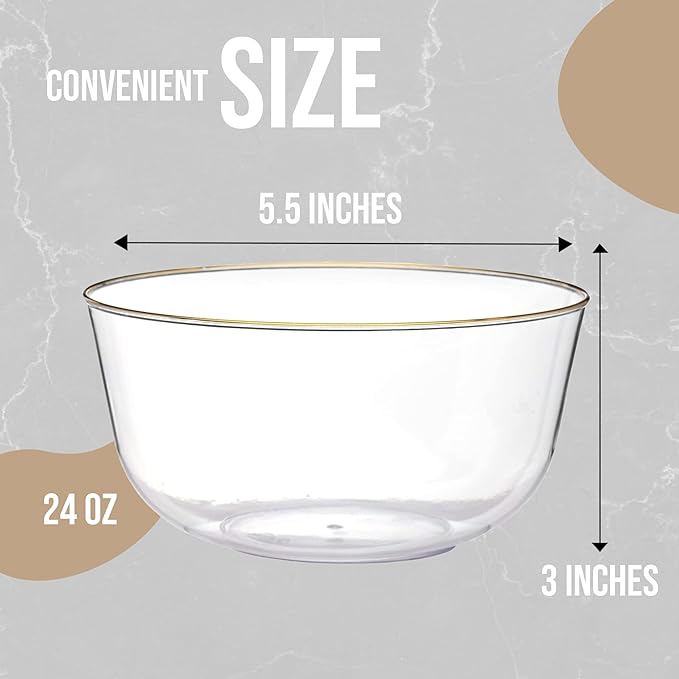 Trendables Clear Plastic Bowls - 24 Oz Set of 10, Gold Rimmed, Fancy Serving Bowls - Perfect for Ice Cream, Salad, Candy