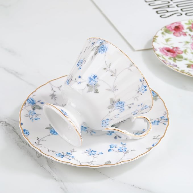 fanquare White Tea Cup and Saucer, Vintage Blue Floral Print Tea Cups - Image 3