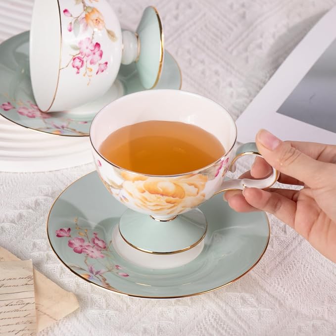 KAMMAK Tea Cups Set of 2, Ceramic Floral Pattern Demitasse Cup | Porcelain - Image 3