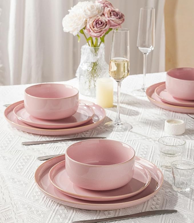 TheTerra Ceramic Dinnerware Sets for 4, 12 Pieces Handmade Reactive Glaze Plates and Bowls Set, Scratch Resistant Dish Set, Oven & Microwave & Dishwasher Safe, Sakura Pink