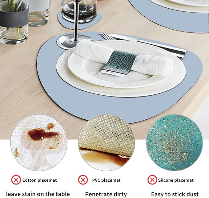 Faux Leather Heat Resistant Placemats for Dining Table Set of 2 and Coasters, Waterproof Wipeable Washable Dinner Table Mats, Easy to Clean Anti-Slip Place Mats Nordic Style, Light Blue