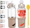 SIEROZUR 32 oz Glass Tumbler with Straw, Glass Water Bottles with 2 Lids-Handle Spout Lid & Straw Lid, 1 Liter Motivational Water Bottles, Silicone Sleeve, Fits Car Cup Holder,Amber