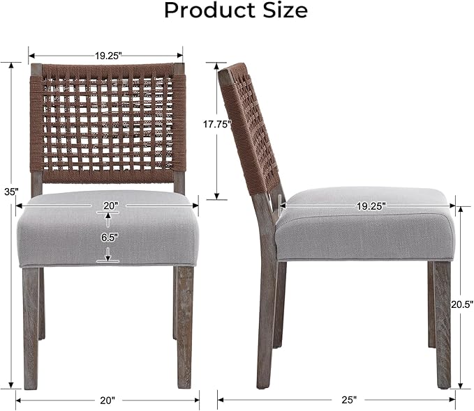 Farmhouse Dining Chairs Set of 2 Linen Fabric Upholstered Accent Side Chair, Mid Century Modern Kitchen & Dining Room Chairs with Woven Rope Back for Home, Living Room, Bedroom - Grey