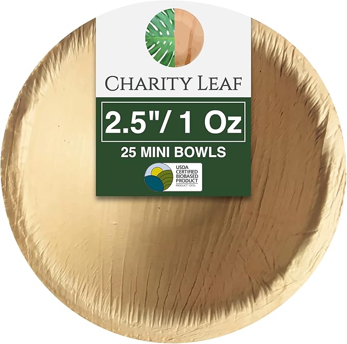 Charity Leaf Disposable Palm Leaf 2.5" Round Mini Bowl (25 pcs) Dipping Bowls | Bamboo Like| All Natural and Biodegradable | Charcuterie Boards, BBQs, and Parties