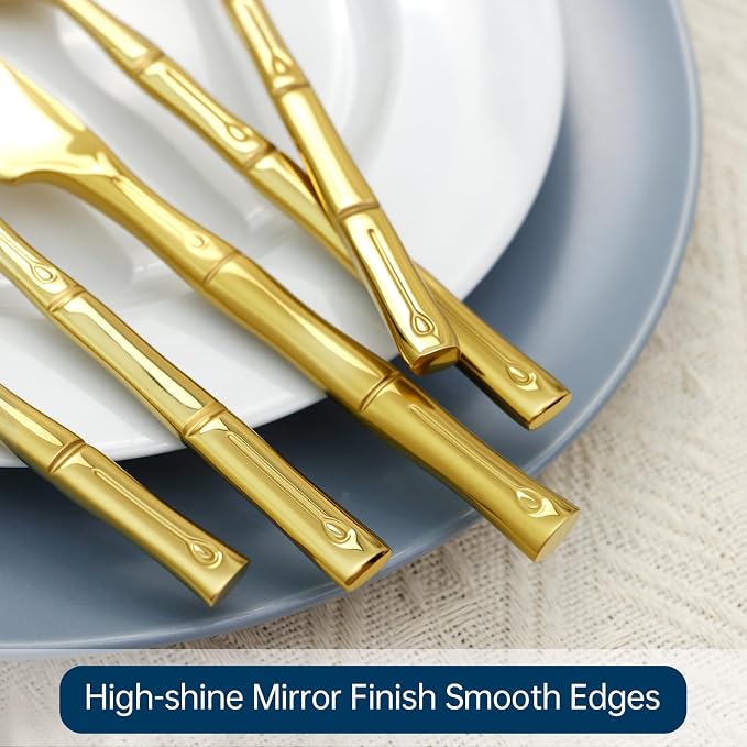 Gold Silverware Set 45-Piece Bamboo Pattern Service - Image 6