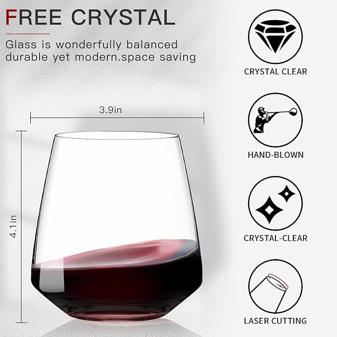 Stemless Wine Glasses Set of 6-15oz【Hand-Blown】 Durable Red White Wine Glasses,Unique Crystal Gifts for Him/Her for Wedding, Birthday，Engagement,Valentine's Day