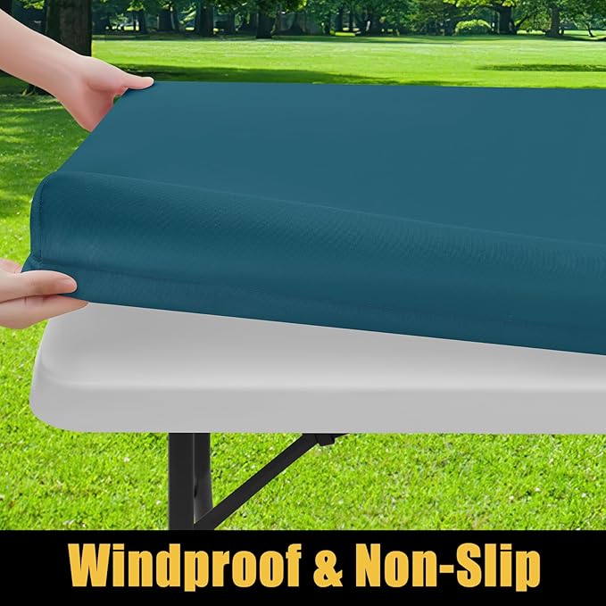 Smiry Rectangle Picnic Table Cloth, Waterproof Elastic Fitted Tablecloths for 8 Foot Tables, Washable Polyester Table Cover for Camping, Indoor and Outdoor (Peacock Blue, 30"x96")