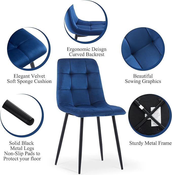 Kitchen Table Set for 4, Modern MDF Round Dining Table Set with 4 Navy Blue Dining Chairs, Upholstered Velvet Home Kitchen Chairs Armless for Space Saving