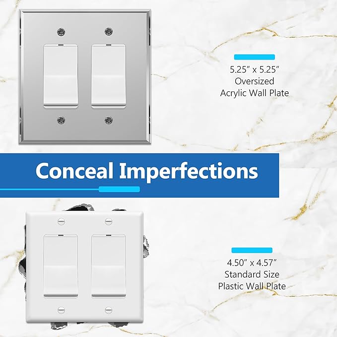 LIDER Reflective Acrylic Decorator Wall Plate, Mirrored Light Switch Plate, Plexiglass Outlet Cover, Acrylic Glass, Oversized 2-Gang 5.25" x 5.25", LWP-32O-ASV5P, Silver, 5 Pack
