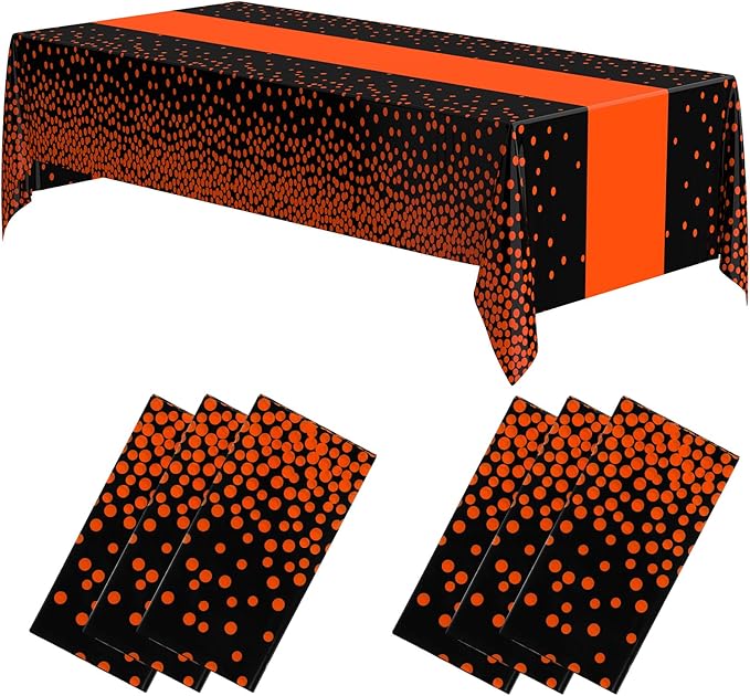 Oudain 6 Pcs Black and Orange Tablecloth for Parties Plastic Dot Tablecloths Printed Table Runner Waterproof Disposable Rectangle Table Cover for Christmas Birthday Wedding Party, 54" x 108"