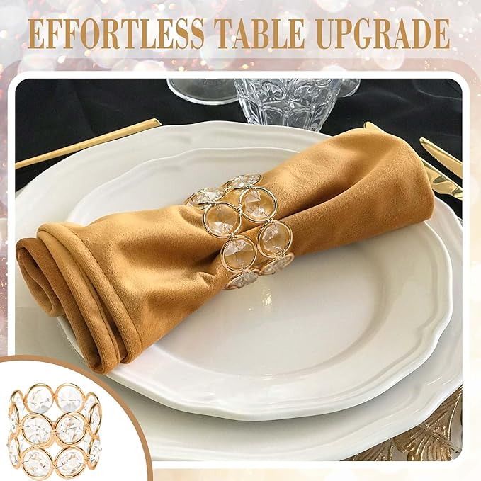 Crystal Metal Napkin Rings Set, Elegant Wedding/Party Table Decor, Shiny Holiday Dinner Accessories Bulk, Bridal Shower Gift, Anniversary, Christmas, Home Decor Essentials (Gold, 12-Pcs)