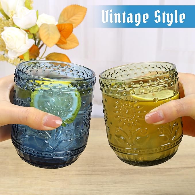 Topsky Vintage Colored Glassware Set of 6,12 oz Green Sunflower Drinking Glasses Set,Blue Drinkware Glasses for Wine,Cocktail,juice,Heavy Duty Glass Cups