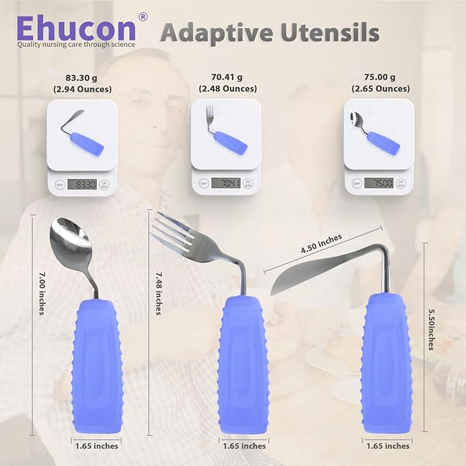 Adaptive Utensils Angled Spoon and Fork for Hand Tremors Parkinsons,Weighted Utensils with Non-Slip Easy Grip Handles for Independent Eating (1pcs Knife+1pcs Fork+1 pcs Spoon,Purple,Right Hand)