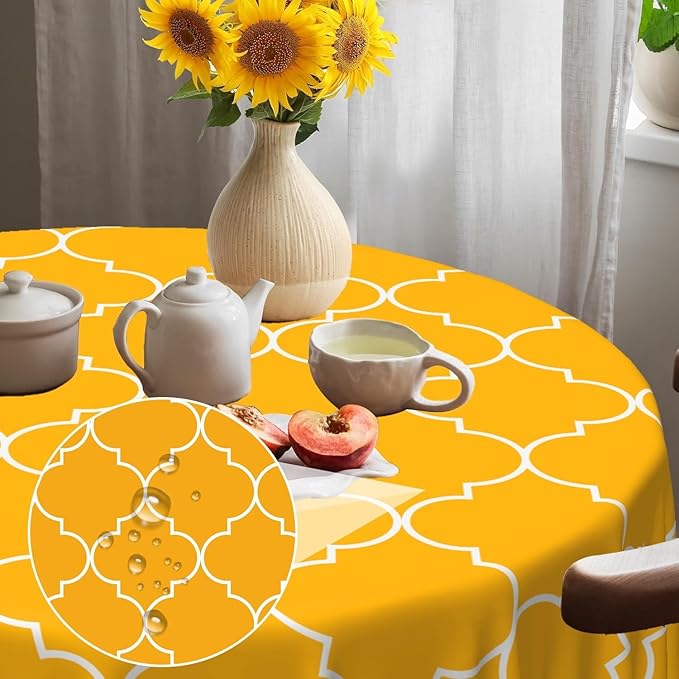 Laeacco 54 Inch Morocco Round Tablecloth Orange Geometric Lattice Modern Abstract Art Print Table Cloth Washable Waterproof Wrinkle Free Table Cover for Kitchen Dining Picnic Party Decoration