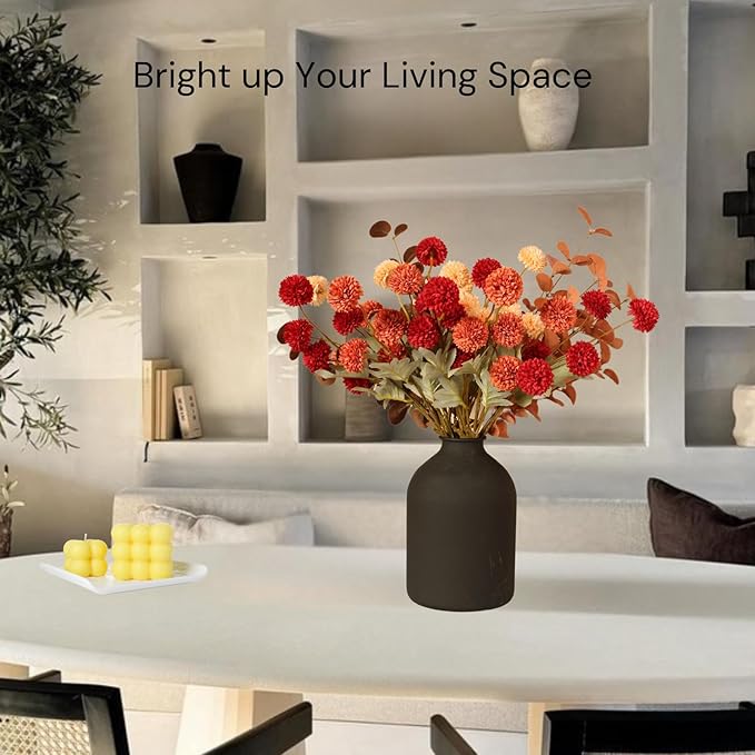 RyddeligHome Fall Flowers, Burnt Orange Faux Kiku Flowers Artificial 10 Stems + Eucalyptus, Fake Red Orange Mums Floral Centerpiece, Terracotta Mini Balls Faux Stems for Vase, Decoración de Otoño