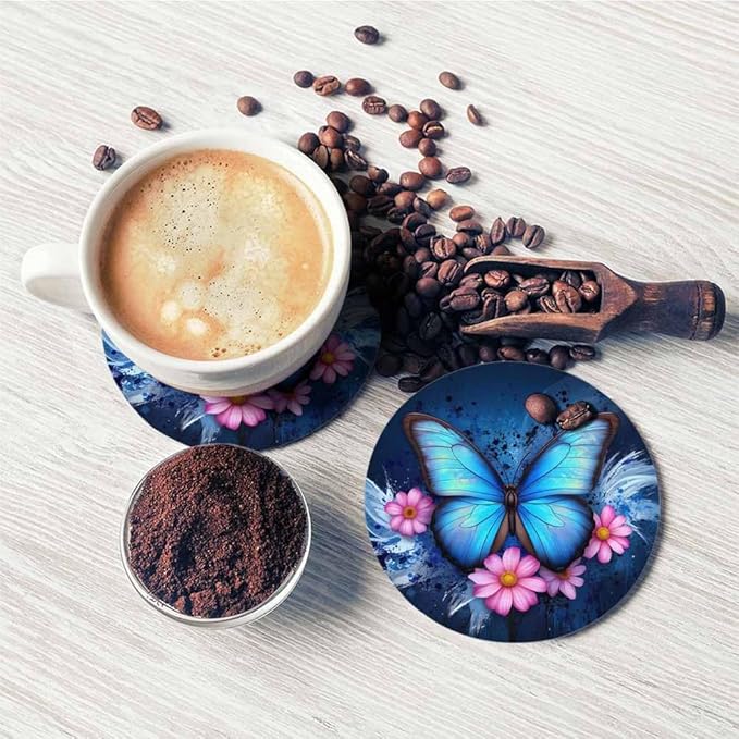 Beautiful Butterfly Table Coasters for Drinks Vintage Splash Ink Floral Pink Bloom 100% Diatomite Home and Dining Room Bar Decor 4 X 4 X 0.35 Inch for Men Women