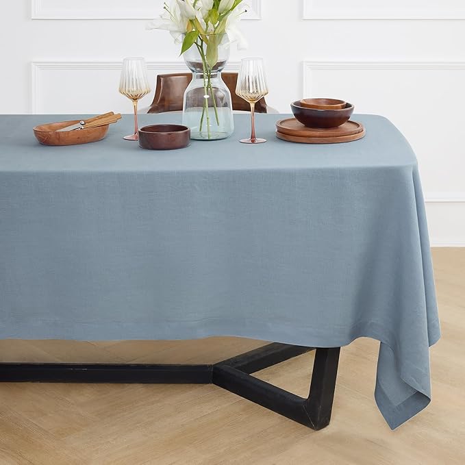 Solino Home Dusty Blue Linen Tablecloth 70 x 144 Inch - 100% Pure Linen Rectangular Tablecloth - Machine Washable Table Cloth for Winter, Spring, Easter - Sonoma